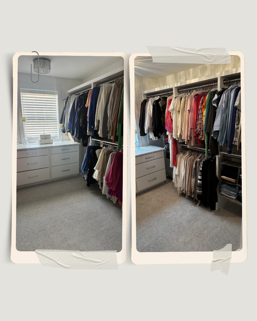 Before and after: a walk-in closet edited and arranged by color and season