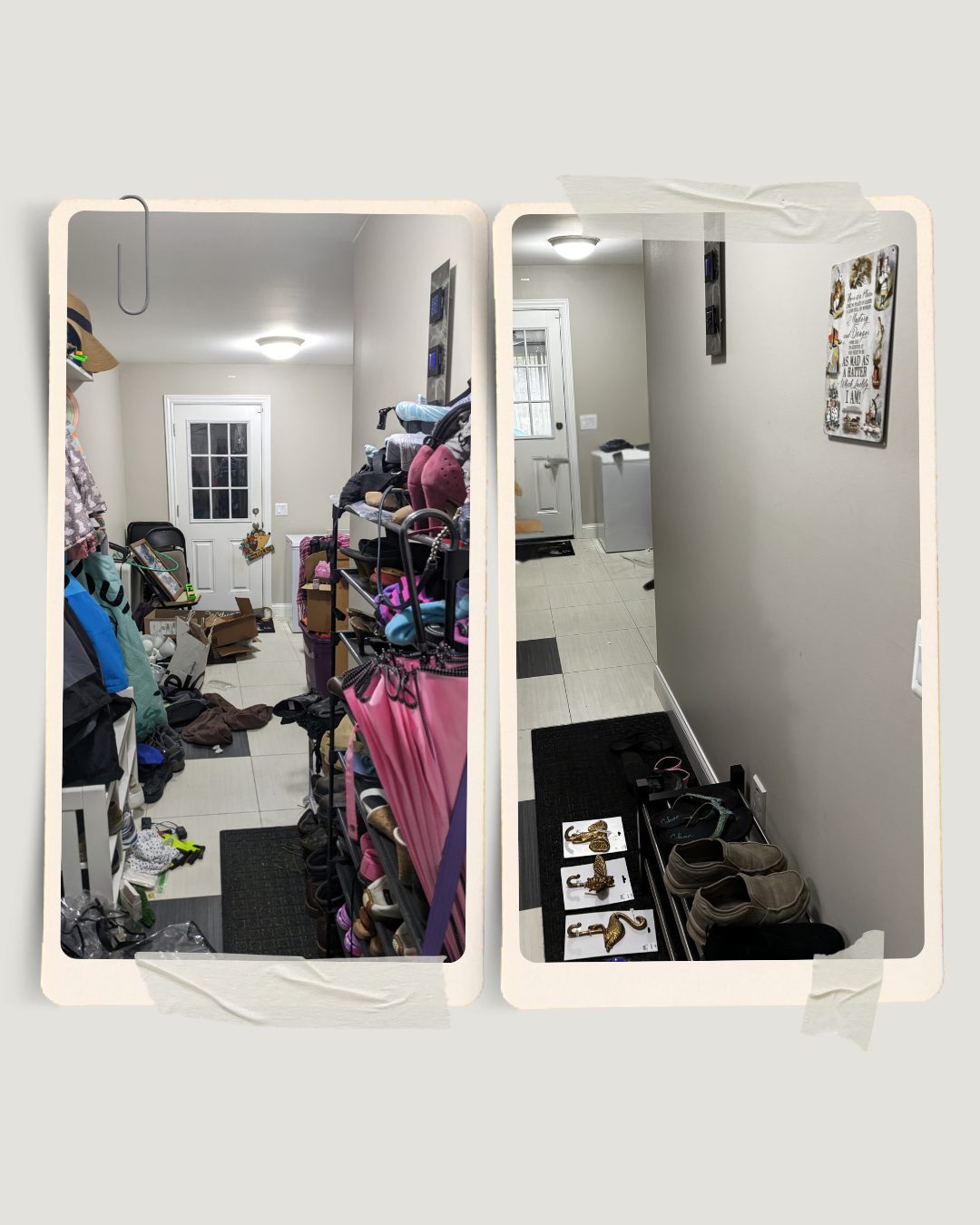 Before and after: a busy back entry cleared, with a place for every coat and boot
